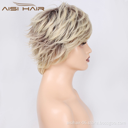 Aisi Hair Wholesale Short Straight Pixie Cut Wigs With Brown Roots For Women Ombre Blonde Heat Resistant Cheap Wig
